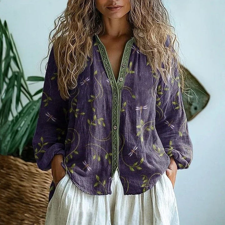 Nova | Women's Nature Print Split V-Neck Blouse