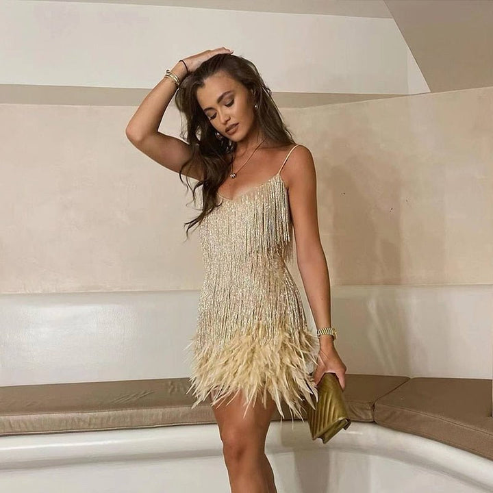 Sophie | Women's Feather Spaghetti Strap Mini Dress