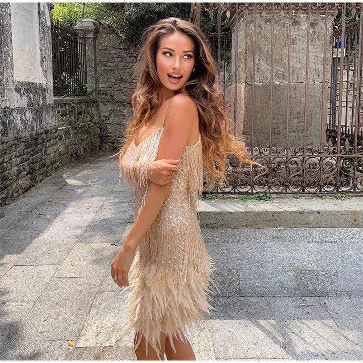 Sophie | Women's Feather Spaghetti Strap Mini Dress