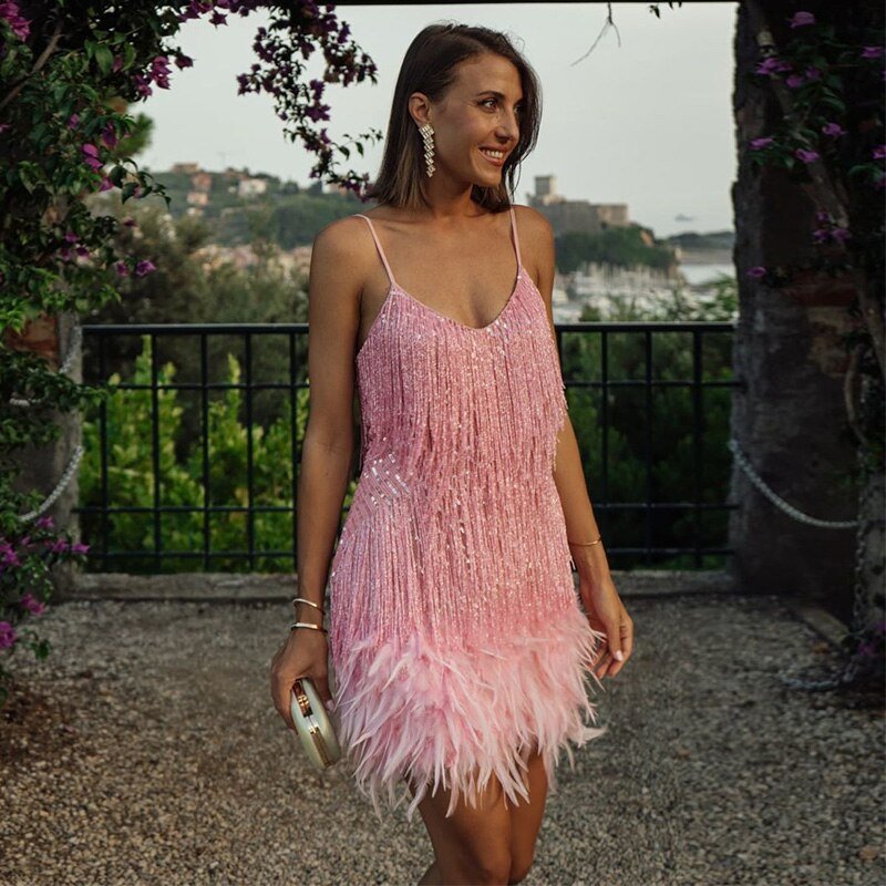 Sophie | Women's Feather Spaghetti Strap Mini Dress