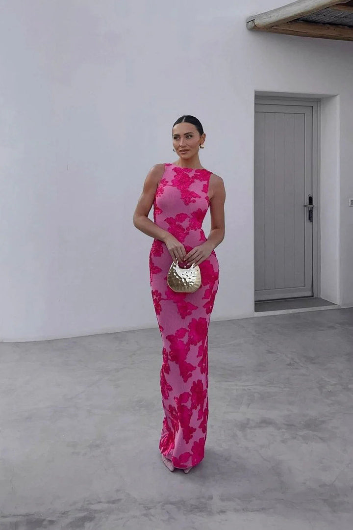 Valerie | Women's Bodycon Racer Neck Floral Maxi Dress