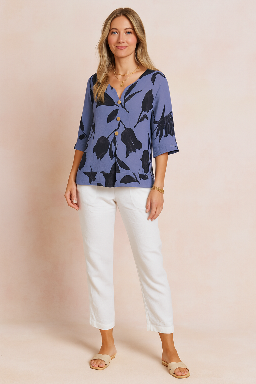 Caroline | Women’s Floral V-Neck Button Blouse