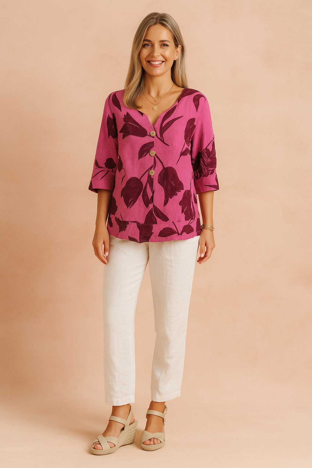 Caroline | Women’s Floral V-Neck Button Blouse
