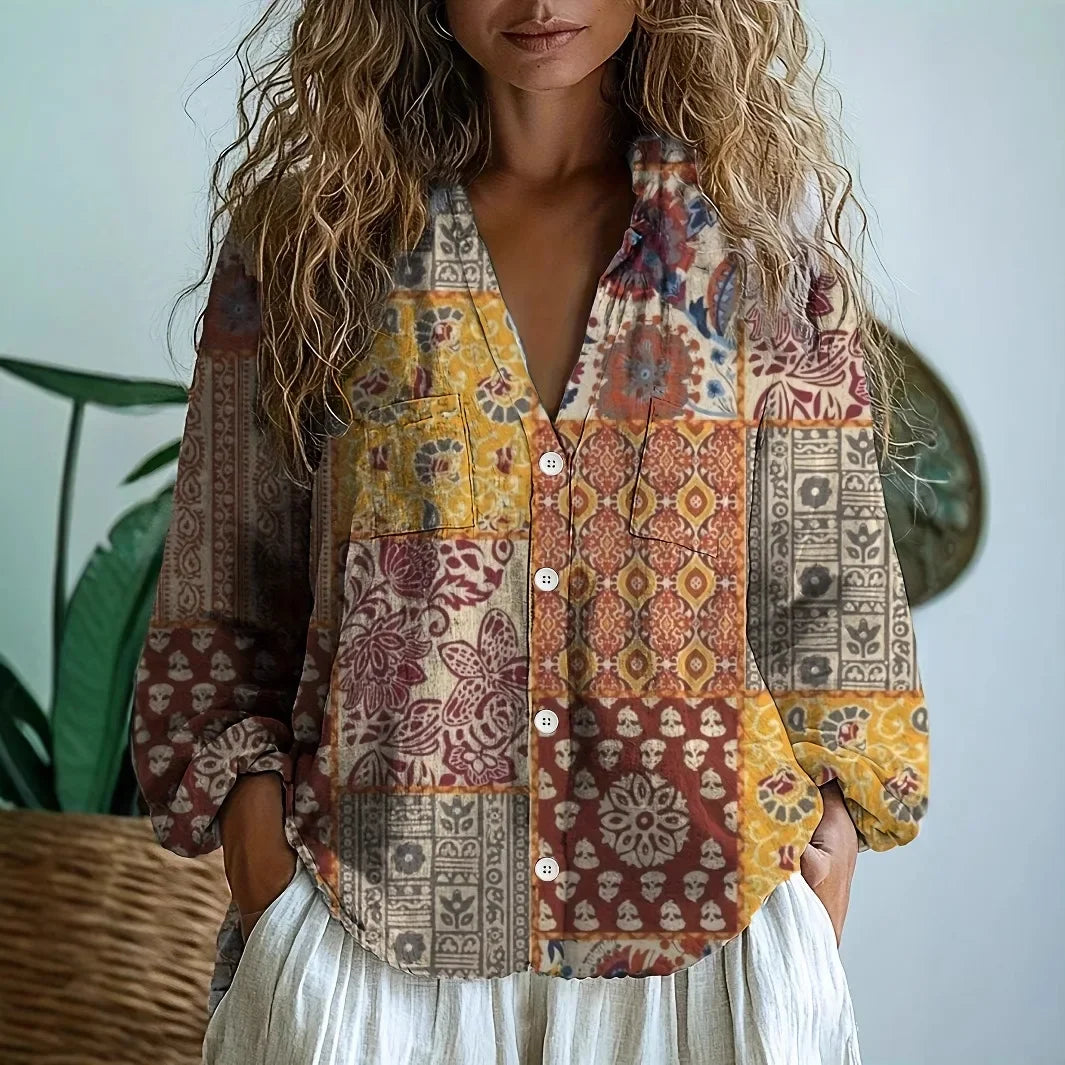 Nova | Women's Nature Print Split V-Neck Blouse