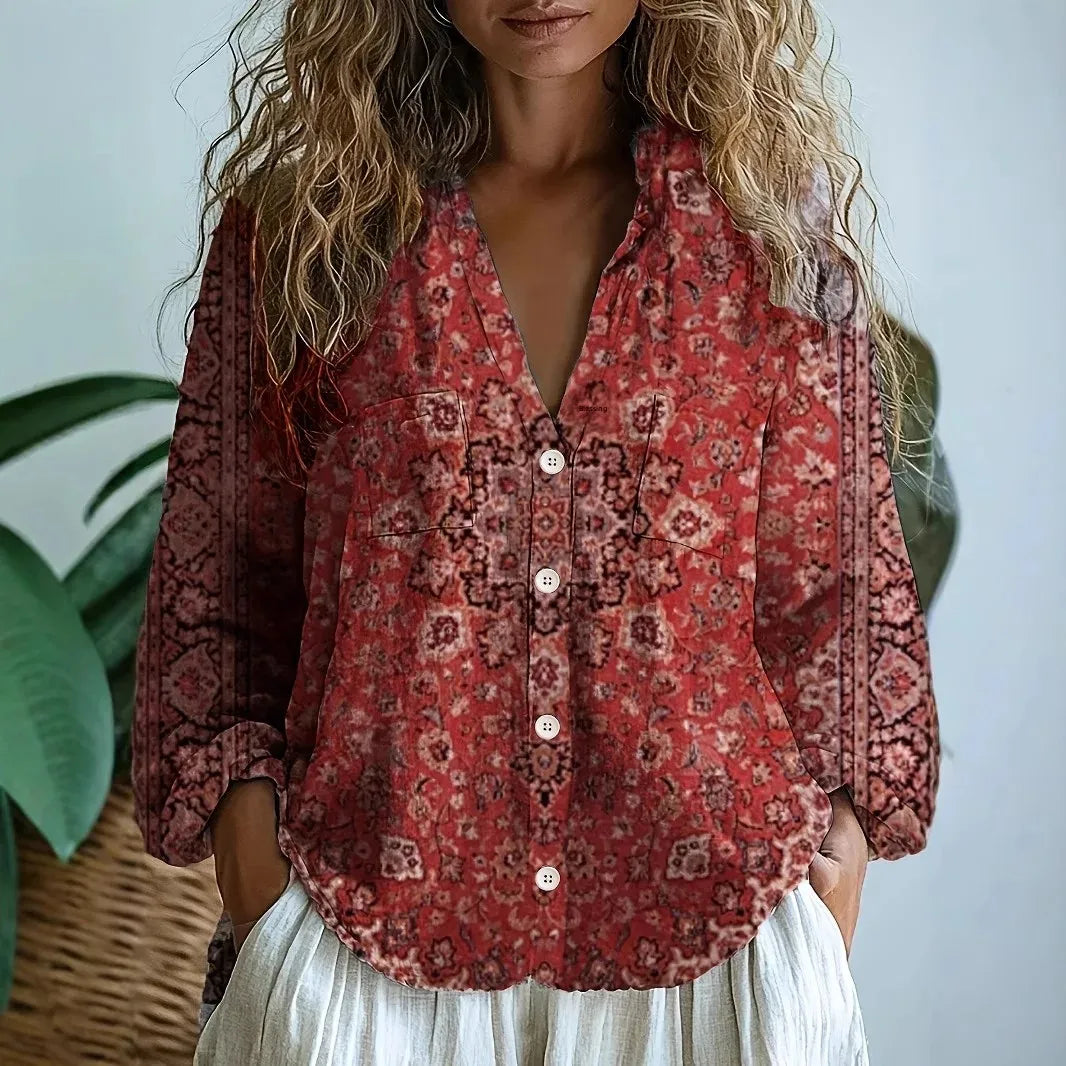 Nova | Women's Nature Print Split V-Neck Blouse
