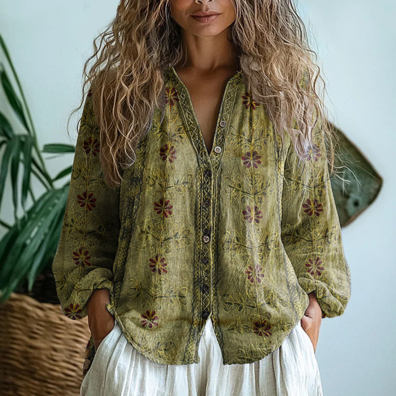 Nova | Women's Nature Print Split V-Neck Blouse