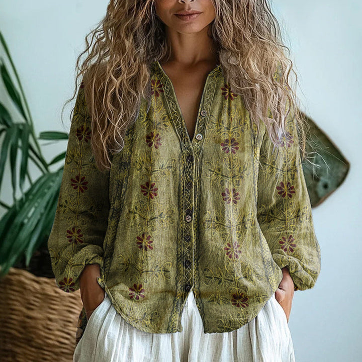 Nova | Women's Nature Print Split V-Neck Blouse