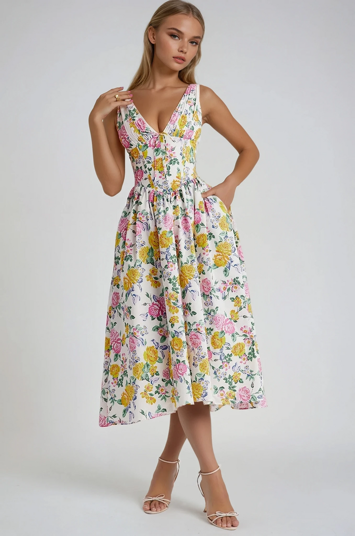 Elara | Women's Floral V-Neck Midi Dress