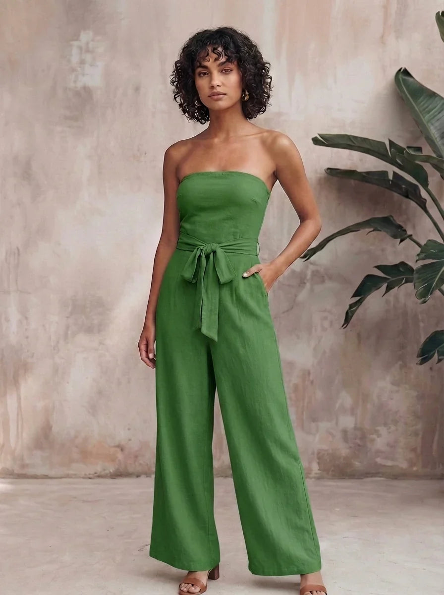 Eva | Women Strapless Waist Tie Jumpsuit