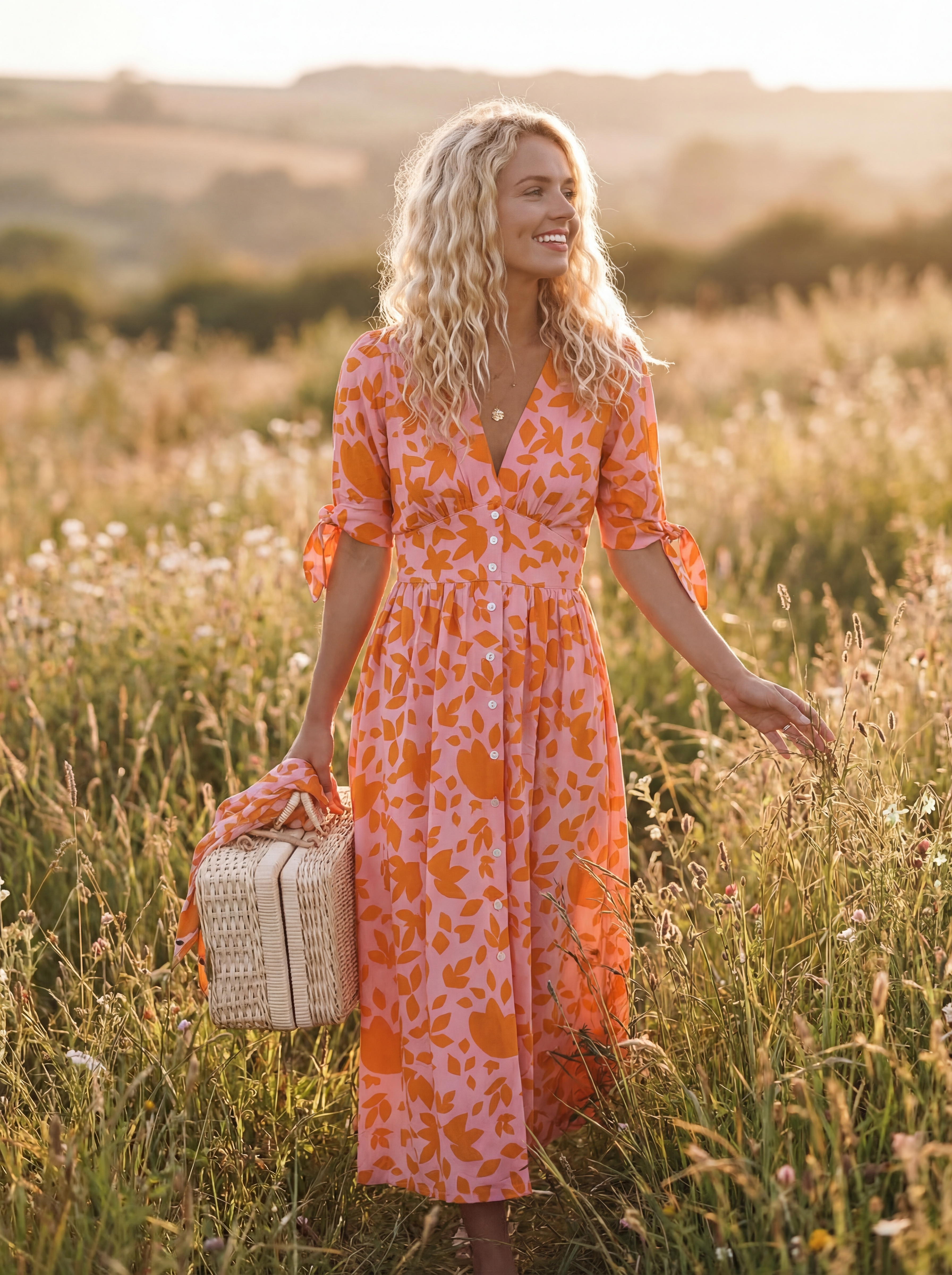 Lumi | Women's Floral V-Neck Button Front Midi Dress